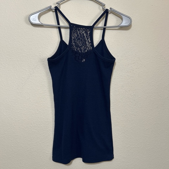No Boundaries Navy Blue Ribbed Racerback Tank Top with Floral Lace Back Inset - Picture 6 of 8